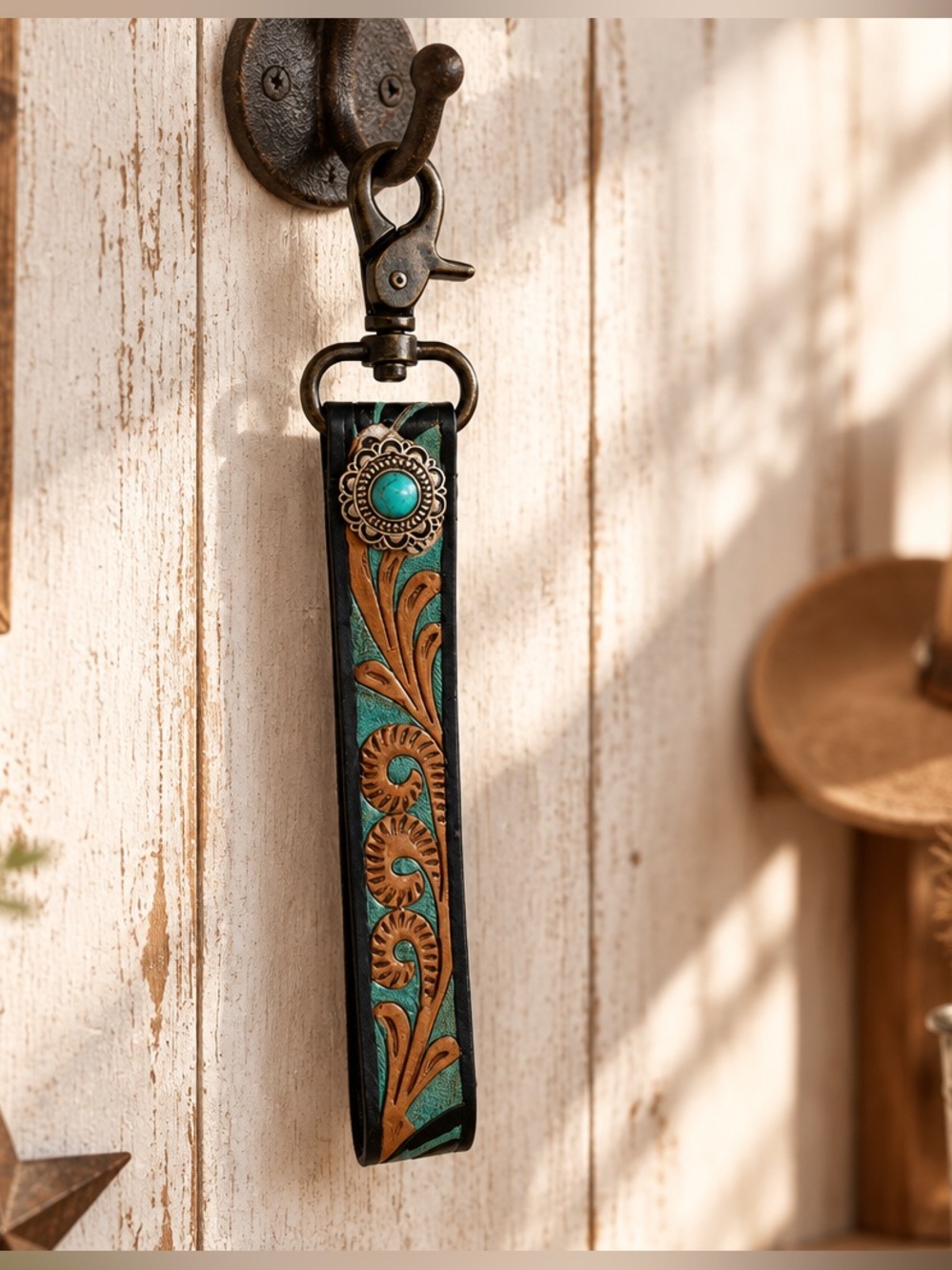 Myra Bag Tooled Leather Key Fob Wristlet Floral Turquoise Western Boho Gift